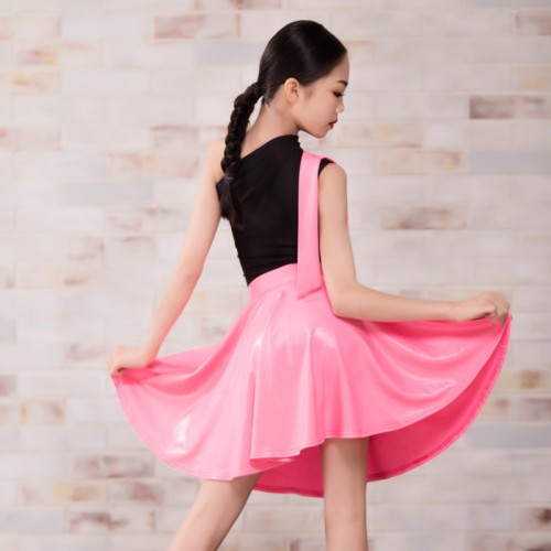 Girls kids black with pink latin dance dresses one shoulder stage performance salsa ballroom latin dancing costumes for girls